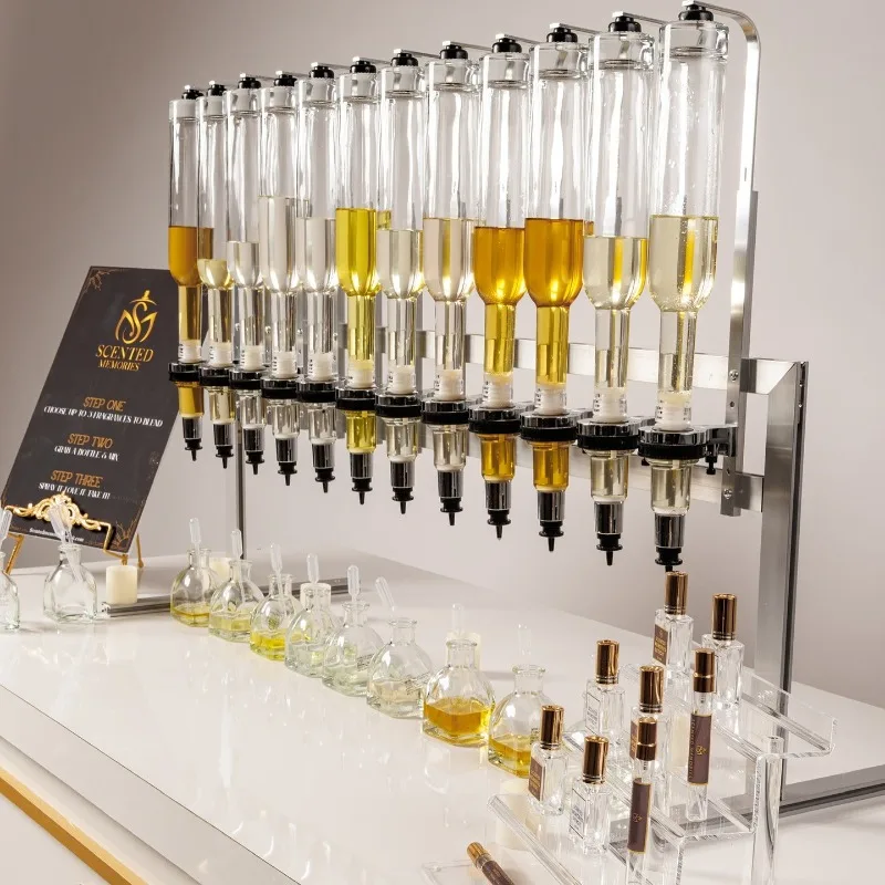 Perfume dispenser, bar display rack, shelf cabinet with 12 glasses bottles in 375ml, for the display of perfumes in cosmetic