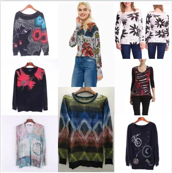 

Foreign Trade Original Order Spain New Women's Sweater Printed Embroidery Slim Fit Thin Knitted Bottom Long Sleeve Pull