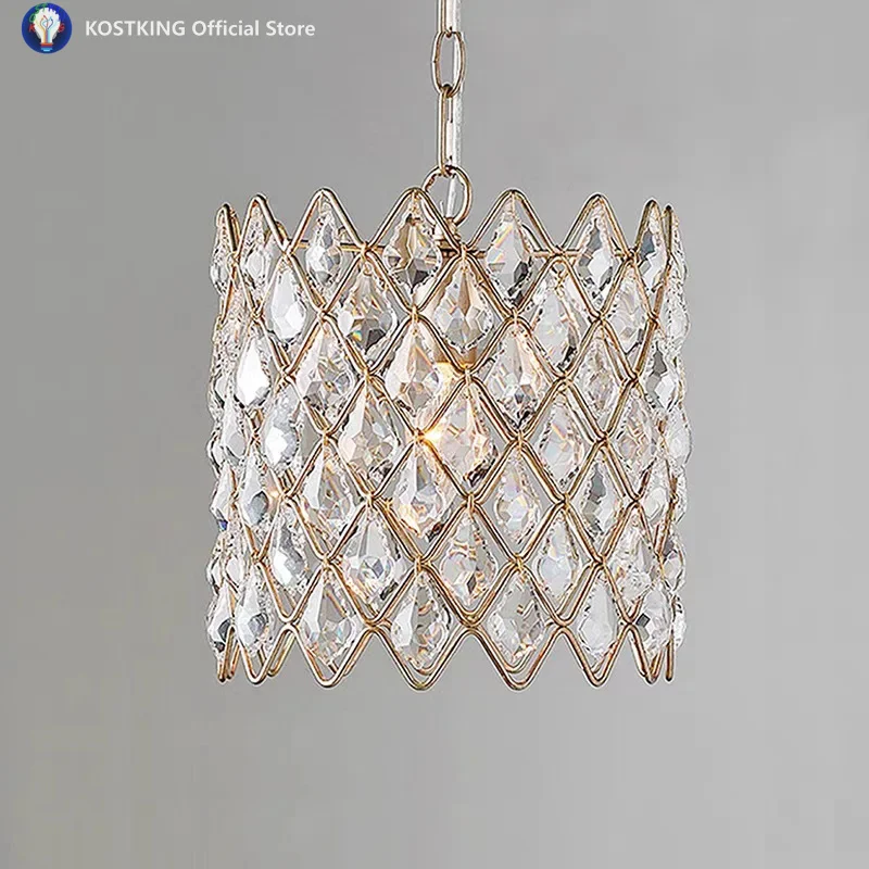 Modern Luxury Crystal Chandelier For Bedroom Dining Room Kitchen Table Gold Round Pendant Light With Diamond Shaped K9 Crystal