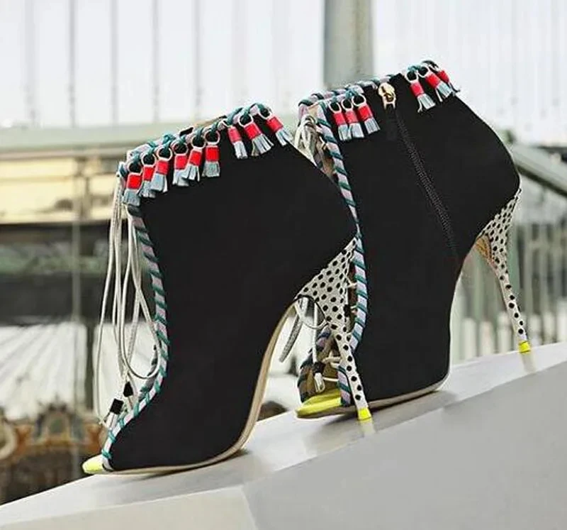 Sexy Women Encircled Tassel Peep Toe Multi color Ankle Boots Peep Toe Polka Dot High Heel Summer Fringed Bottines