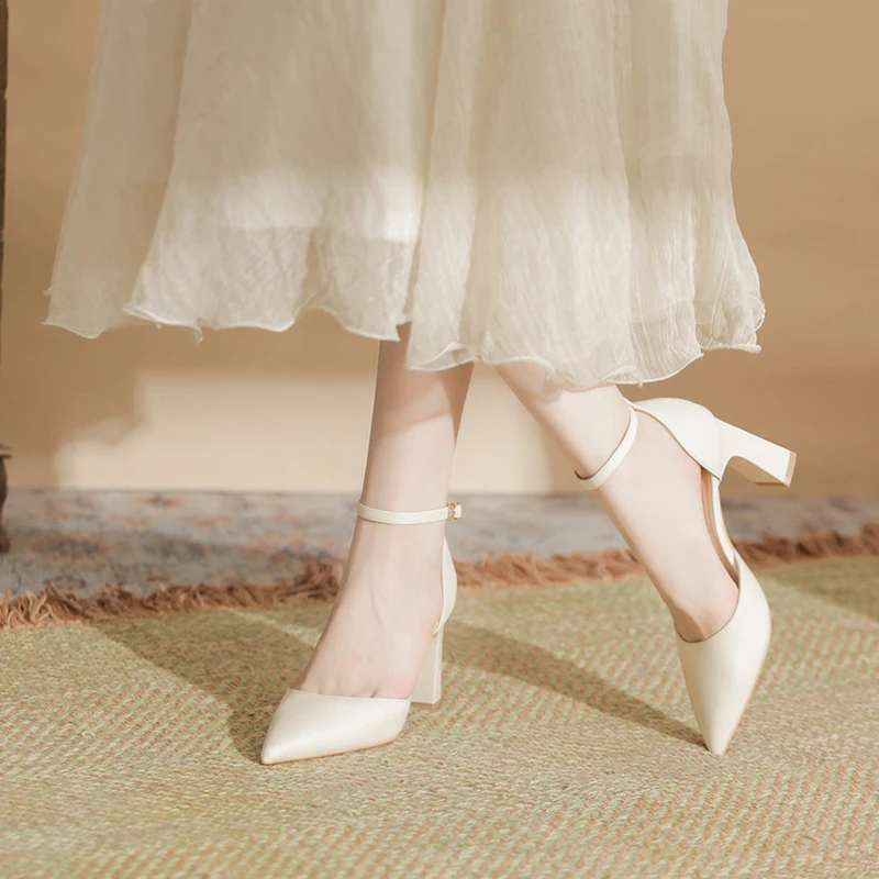 Women's Pumps Pointed Toe High Block Heel Ankle Strap Buckle Glossy Finish Side Cutout Bridal Wedding Formal Dressy Party Shoes