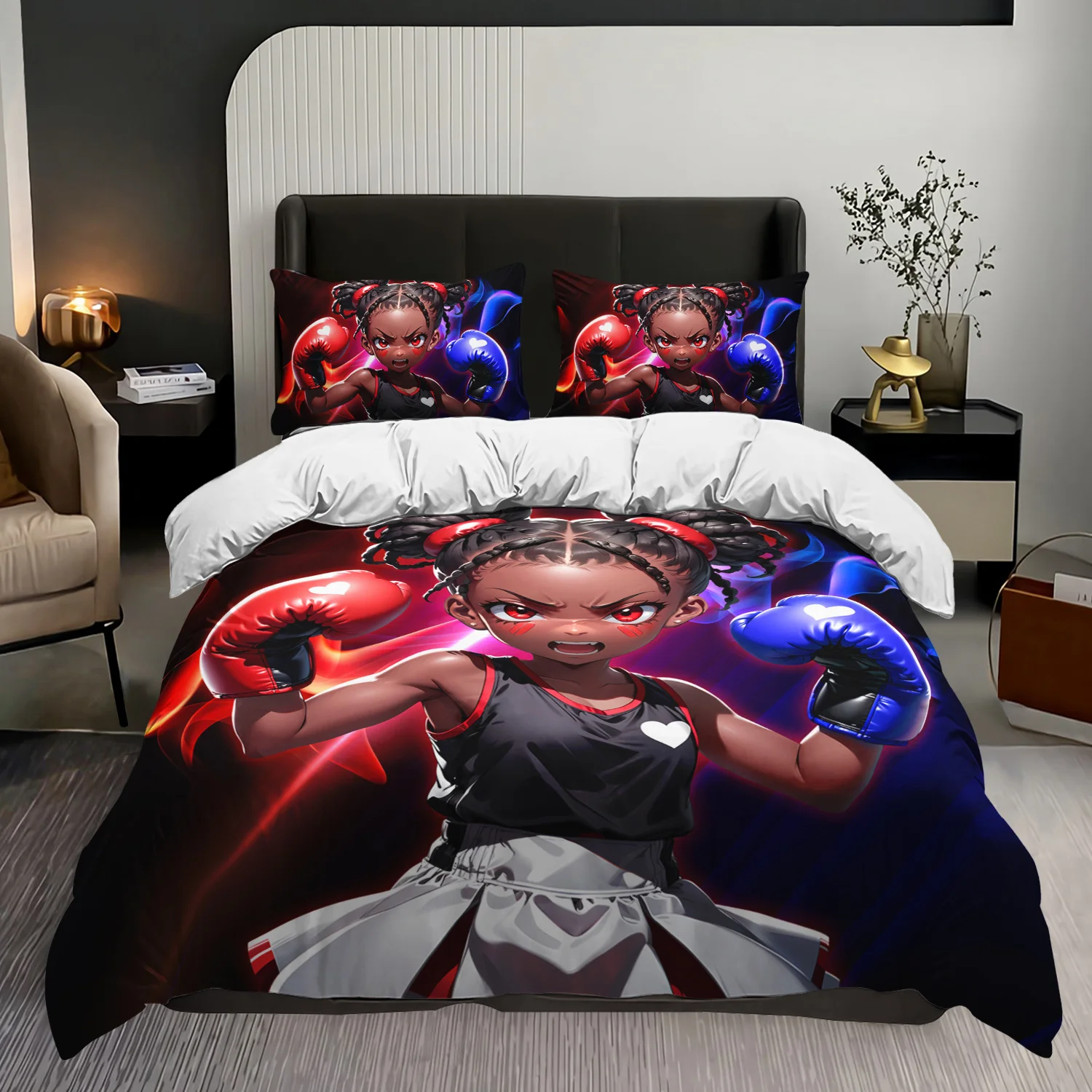 3pcs Anime Girl Boxer Duvet Cover Set Black Girl Bedding Set Teen Girl Bedroom Decor Four Seasons (1Duvet Cover + 2Pillowcases