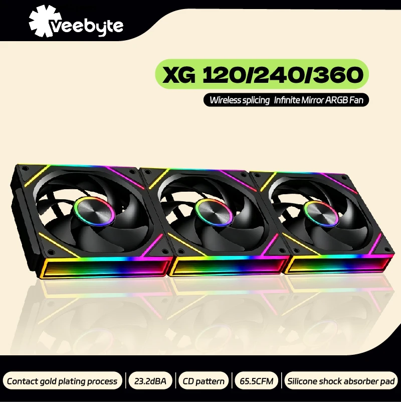 VEEBYTE XG 120/240/360 ARGB PWM Wireless Splicing Building Block 120mm PC Fan Quiet Cooling Large Air Volume Computer Case Fan
