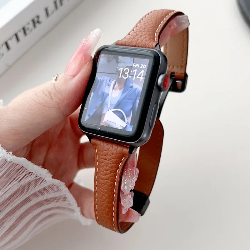 Luxury Leather Slim Band For Apple Watch Ultra 2 49mm 41mm 45mm Magnetic Buckle For Iwatch Series 9 8 7 6se 5 4 3 Women Bracelet