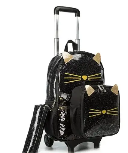 Mochila escolar con ruedas para niñas, bolsa de almuerzo, juego de bolígrafos, mochila escolar con ruedas