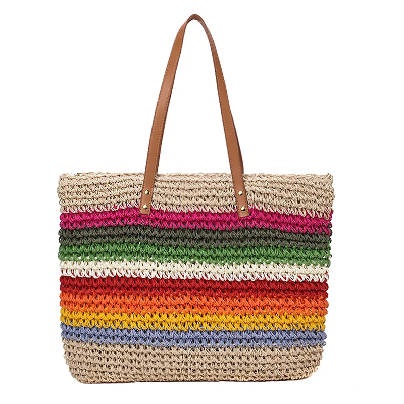 2023 Women Rainbow color Handbag Beach Bag Rattan Woven Handmade Knitted Straw Large Capacity Tote Leather Women Shoulder Bag