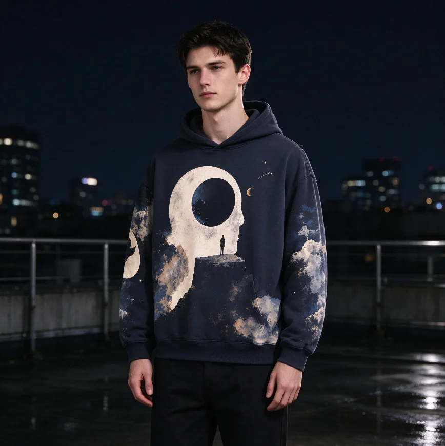 Casual Abstract Art Hoodie Men Women Moon Landscape Print Oversized Streetwear Long Sleeve Pullover Sweatshirt Top
