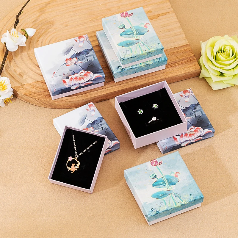 Printing Jewelry Box Earnail Ring Necklace Chinoiserie Style Paper Jewelry Display Valentines Day Wedding Gift Packaging Box