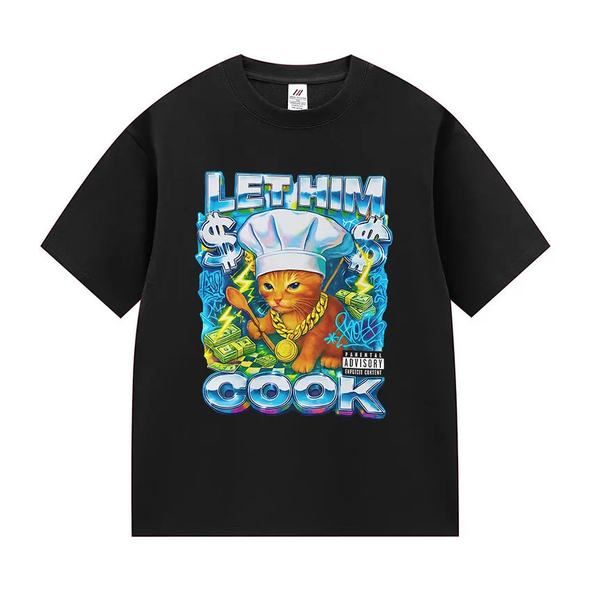 A Meme Image of A Cat Chef Who Makes Cooking Fun Short-sleeved Unisply-style High-qualityLoose Summer PureT-shirt