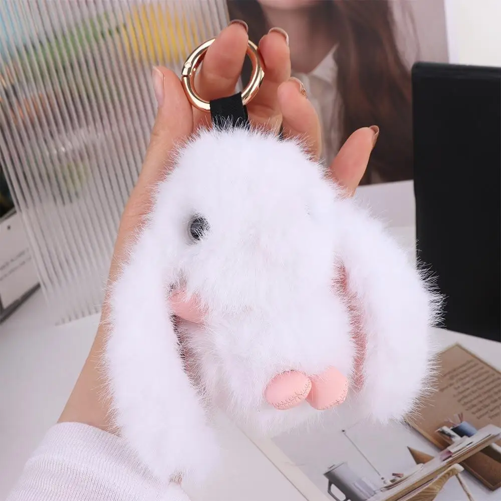 Animal de pelúcia coelho pele chaveiro pompom saco charme coelho recheado chaveiro boneca de pelúcia kawaii pelúcia coelho pingente jóias presente