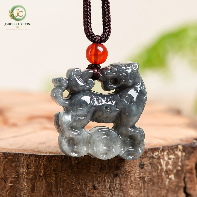 NaturalAJade pendant featuring the zodiac sign Tiger, symbolizing fortune and wealth, made of black jade, suitable for both men