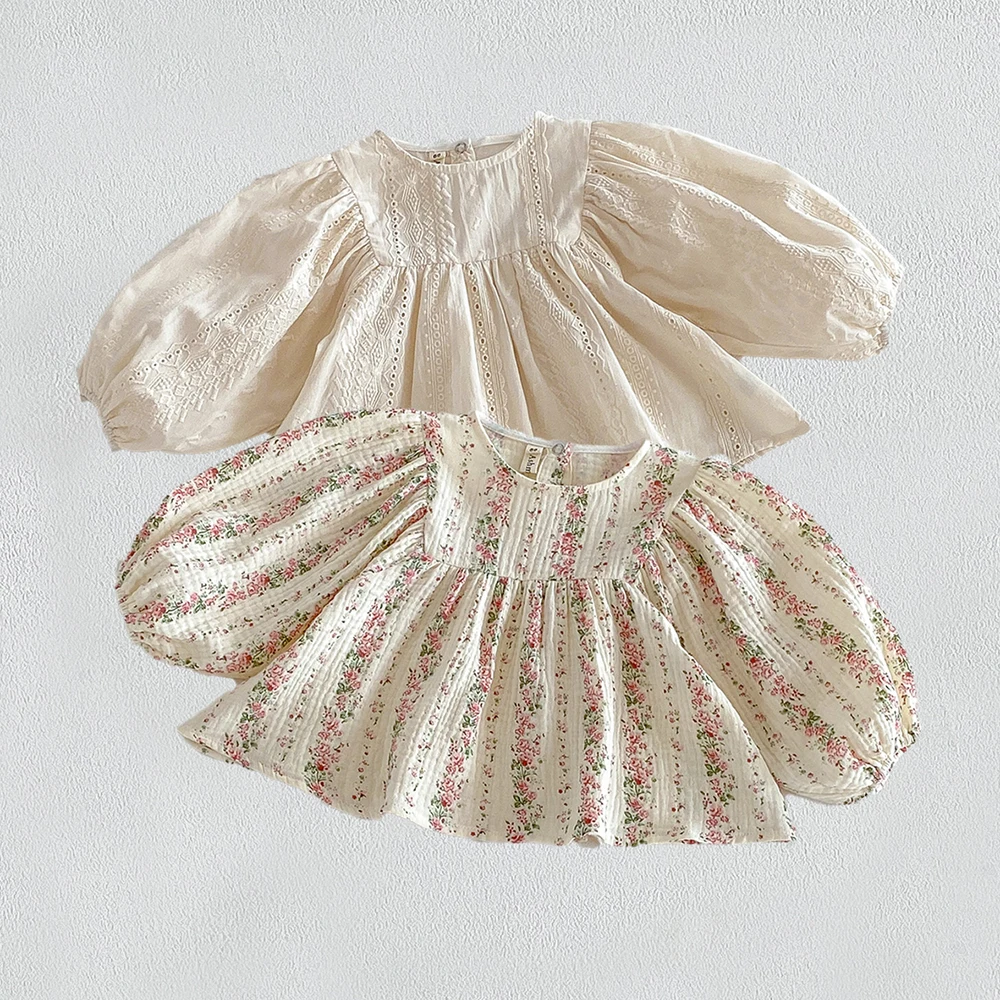 Baby Clothing Unisex - เสื้อเด็กผู้หญิงลายลูกไม้ปักลายใหม่สำหรับฤดูใบไม้ร่วง แขนพอง เสื้อทรงหลวมลายดอกไม้ เสื้อผ้าเด็กสำหรับฤดูใบไม้ร่วง