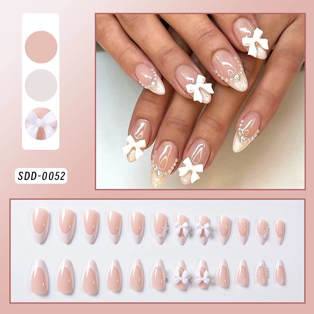 1Box(24Pcs+Jelly Gel) French Almond Press on Nails 3D Bowknot Pearls Charms False Nails Simple Nail Patch For Women DIY Manicure