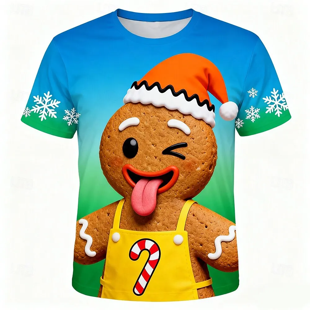 Men's 3D Print Funny Gingerbread Graphic T-Shirt Christmas Elements Short Sleeve Tees Fashion Casual Round Neck Festival Clothes