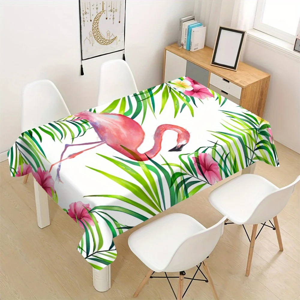 Flamingo Tablecloth, White Base With Tropical Leaf Hibiscus Print, Rectangular Table Cover for Summer Luau Party Decor