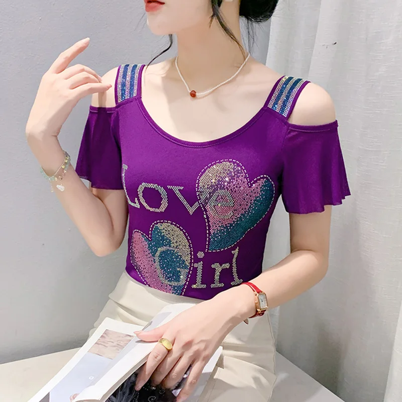 2025 Summer New Heavy Industry Double layered Mesh Tops Short sleeved Fashion Off the Shoulder  Diamond Women\'s  T-Shirt