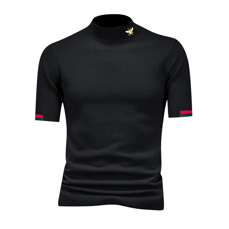Autumn Winter Men's Knitted Woolen Top Slim Fit ort Sve High Collar Bee Embroidery Trendy Casual Knitwear