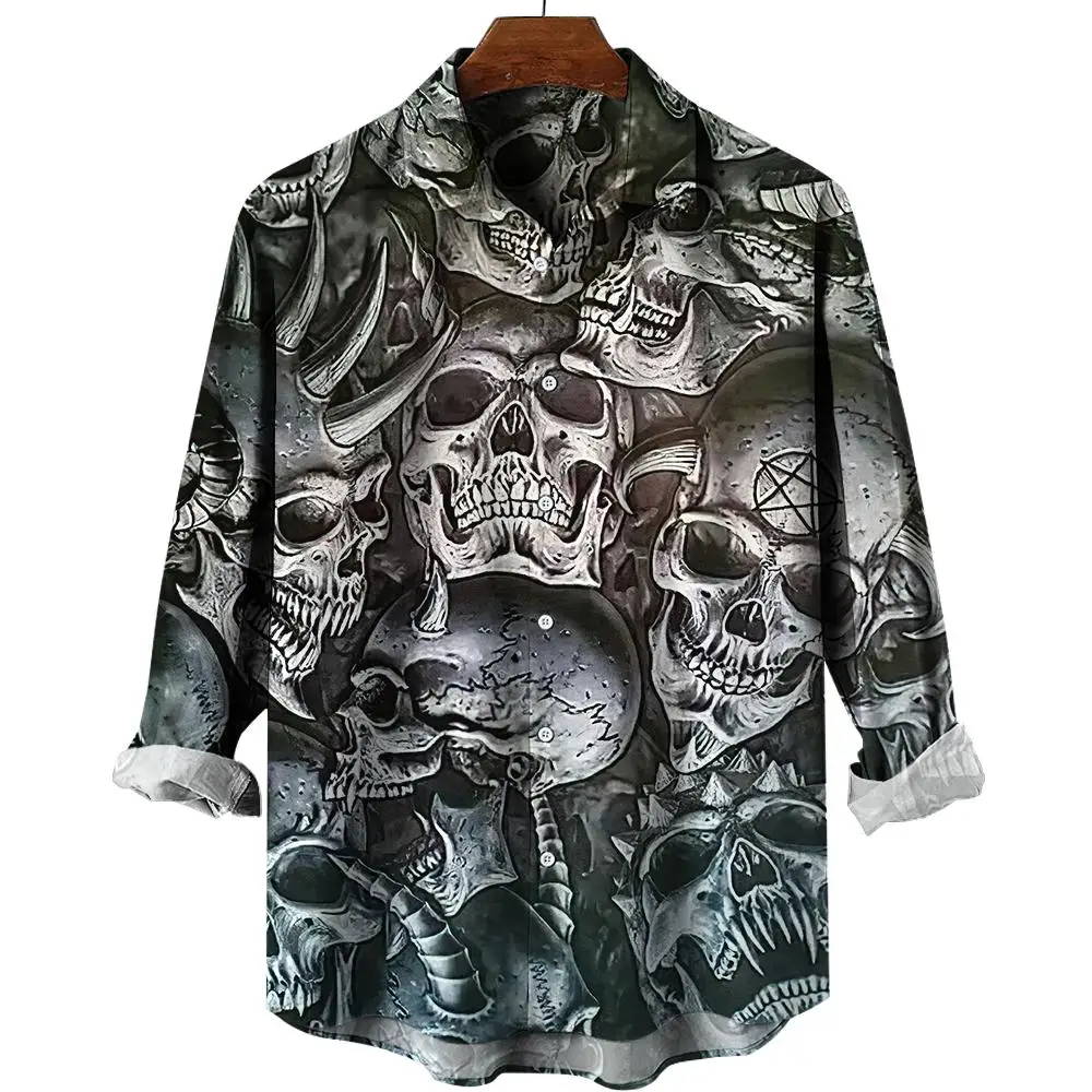 Skull Long Sleeve Shirt 3d Print Party Men\'s Shirt Retro Street Casual Fashion Men Skull Button Long Sleeve Shirt Men Clothing