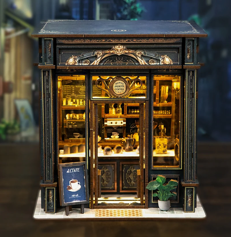 Kits de modelos en miniatura de cafetería de cristal verde de madera DIY con luces LED casa de muñecas con muebles para amigos regalos de cumpleaños