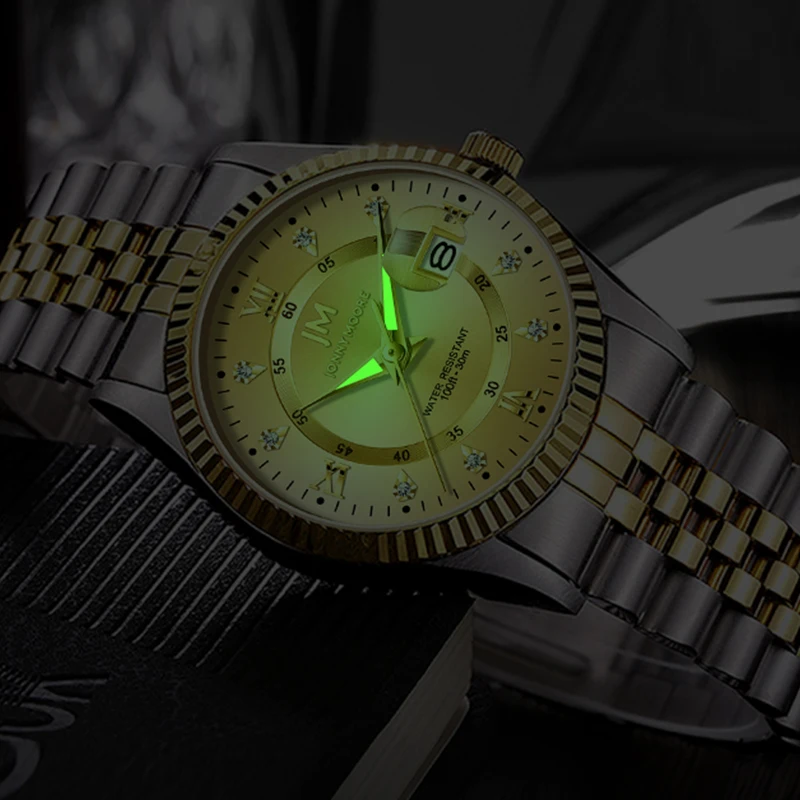 JONNY MOORE J1040 Fashion Luxury Steel Strip Quartz Watch with Diamond Inlaid Waterproof Calendar Diamond Watches for Women's