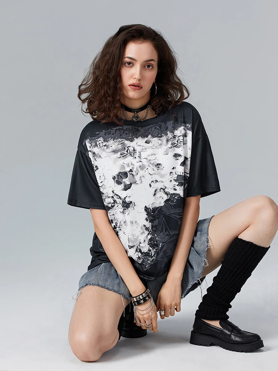 Women Short Sleeve T-Shirts Skull Print Casual Shirts Summer Round Neck Grunge Loose Fit Tops Streetwear