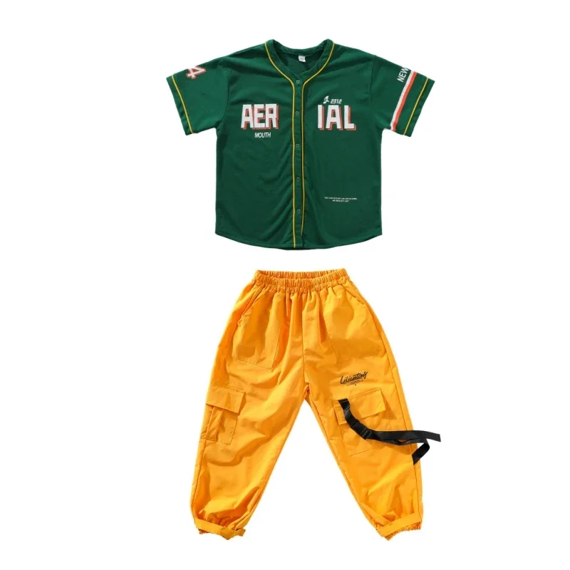 Hip Hop Kids Green Baseball Jacket Solid Cargo Pants Boys Girls Cool Streetwear Children Jazz Clothes Sets Street Dance Costumes