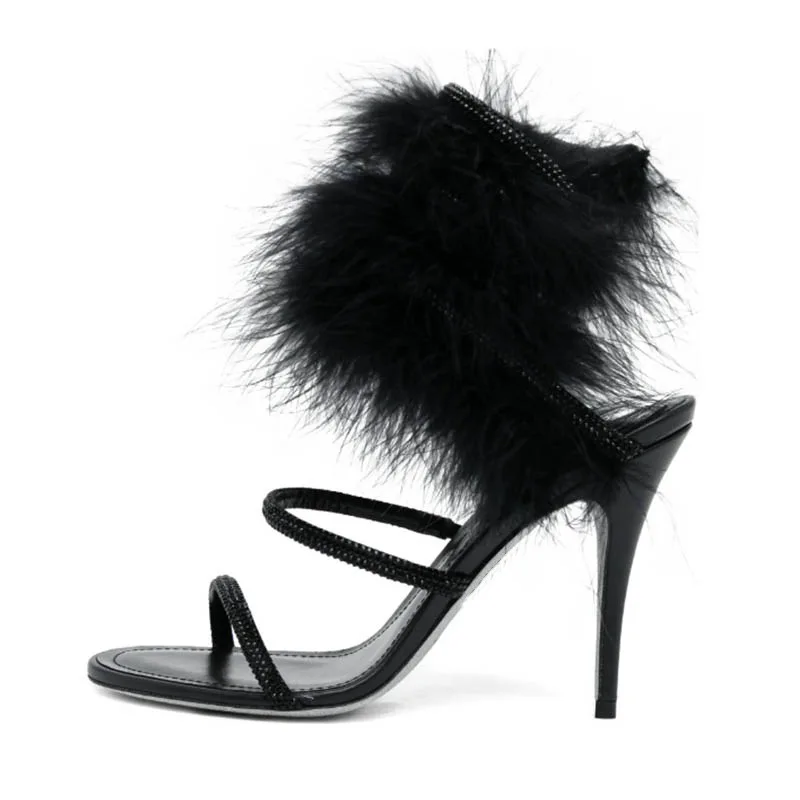Pink fur ankle warp crystal high heels sandals black summer new in glitter snake luxury designer women's party wedding shoes view 6