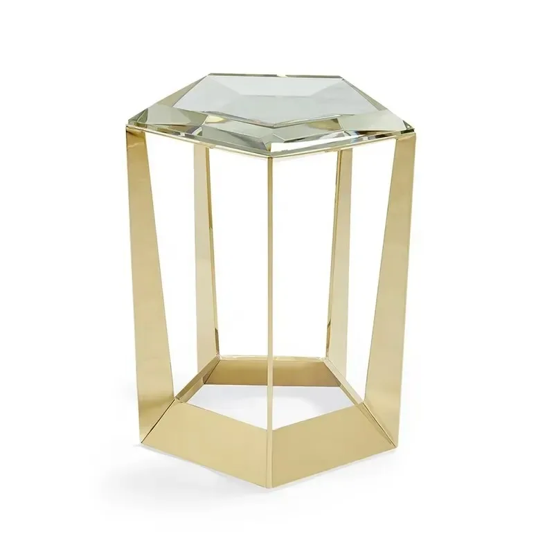 Modern Luxury Gold Stainless Steel Console Diamond Glass Shaped Desktop Transparent Glass Desktop Wooden Panel Home