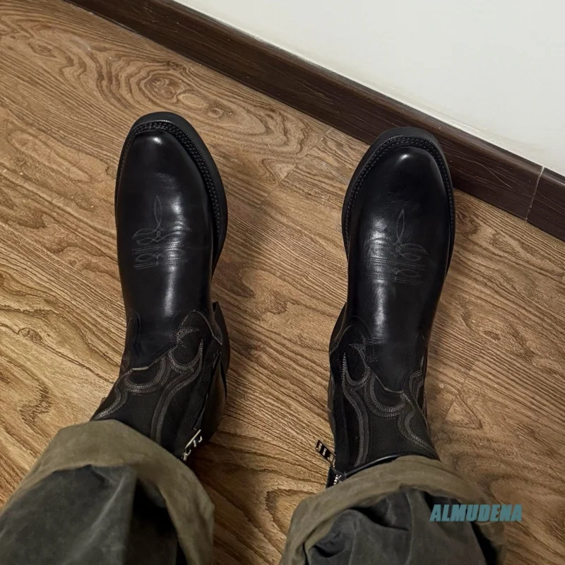Embroidery Pointed Toe Western Cowboy Ankle Boots Men's Black Leather Side Zipper Block Heel Casual Street Style Fashion Shoes