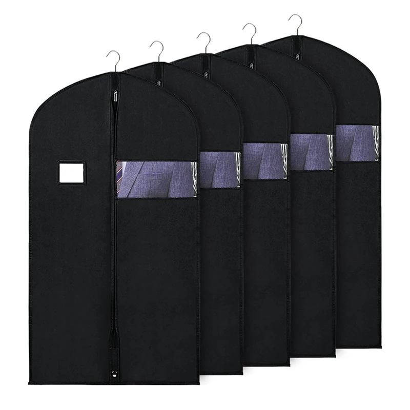 

5 Pcs Suit Hanging Bags Garment Storage Covers With Clear Window And ID Holder For Robes And Trench Coats-60Cmx100cm