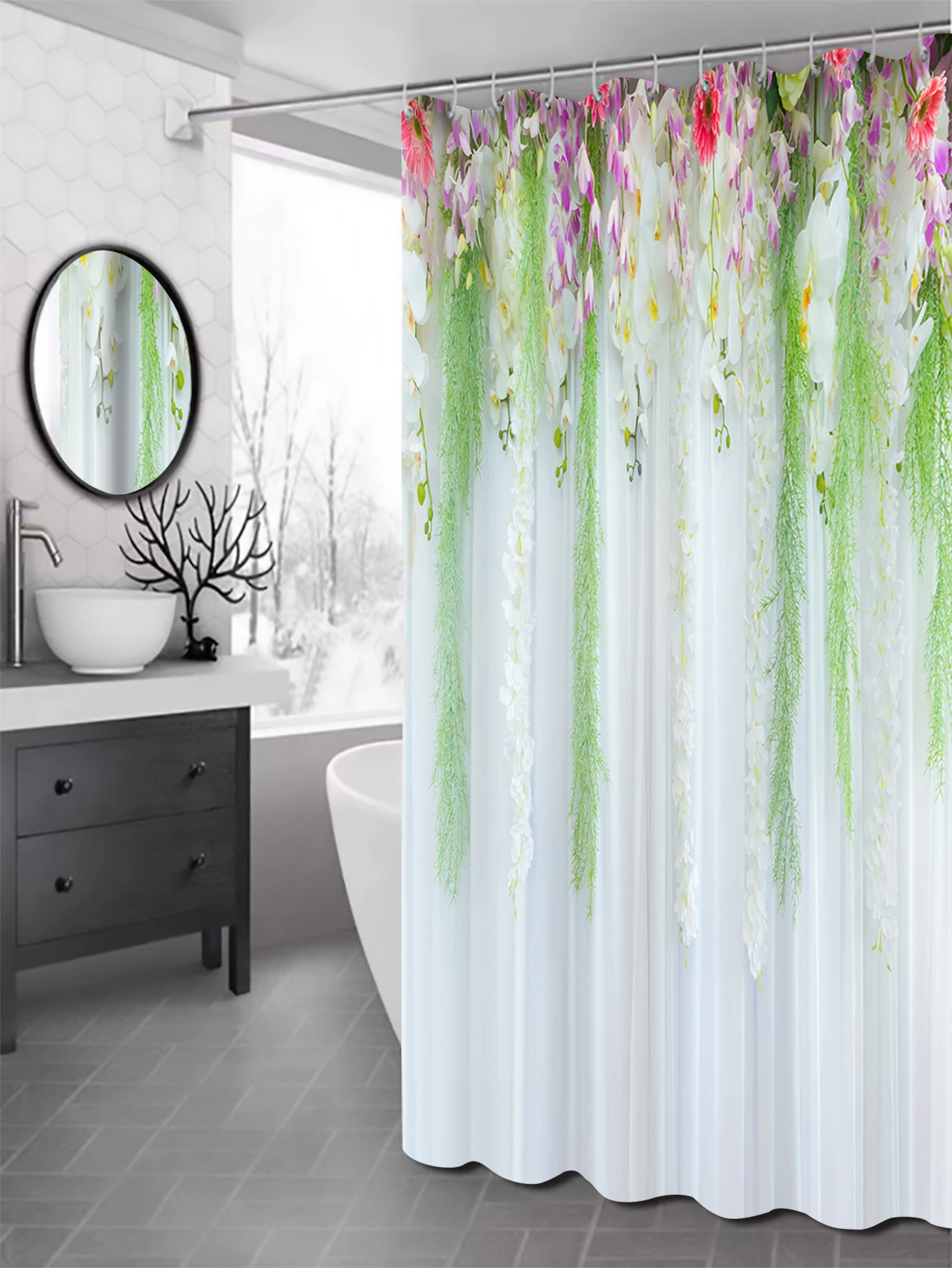 Beautiful Flowers  Bathing Curtain  Bathroom  Shower Curtain Waterproof With 12 Hooks Fishes Home Deco Free Ship