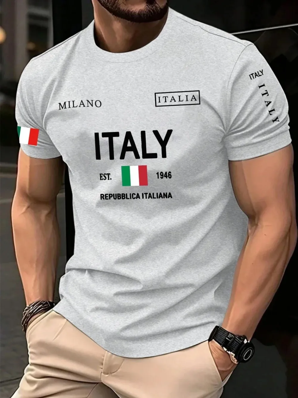 Europäisches und amerikanisches Herren-Sommer-T-Shirt mit Mailänder Schriftzug, weich und atmungsaktiv, Rundhals, für Outdoor und urbanen Casual-Look – Detail 6