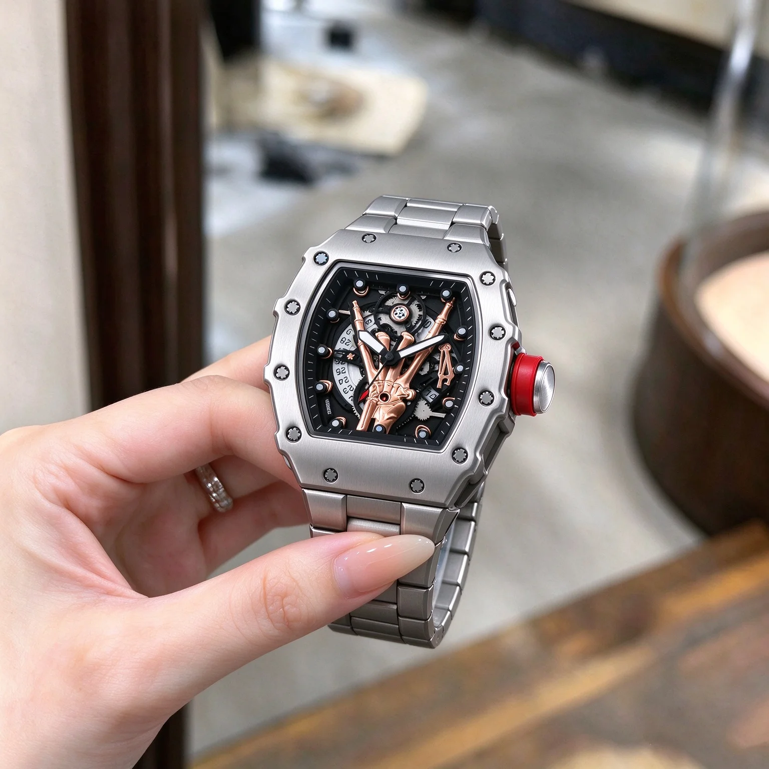 Men's Tonneau Skeleton Date Quartz Watch, Hollow Skull Hand Dial  Wristwatch