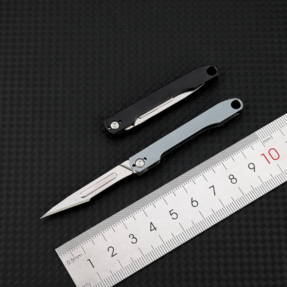 Mini aço inoxidável Medical Folding Bisturi Faca, EDC Outdoor Desembalar Pocket Knife, 10Pcs Lâminas Substituíveis