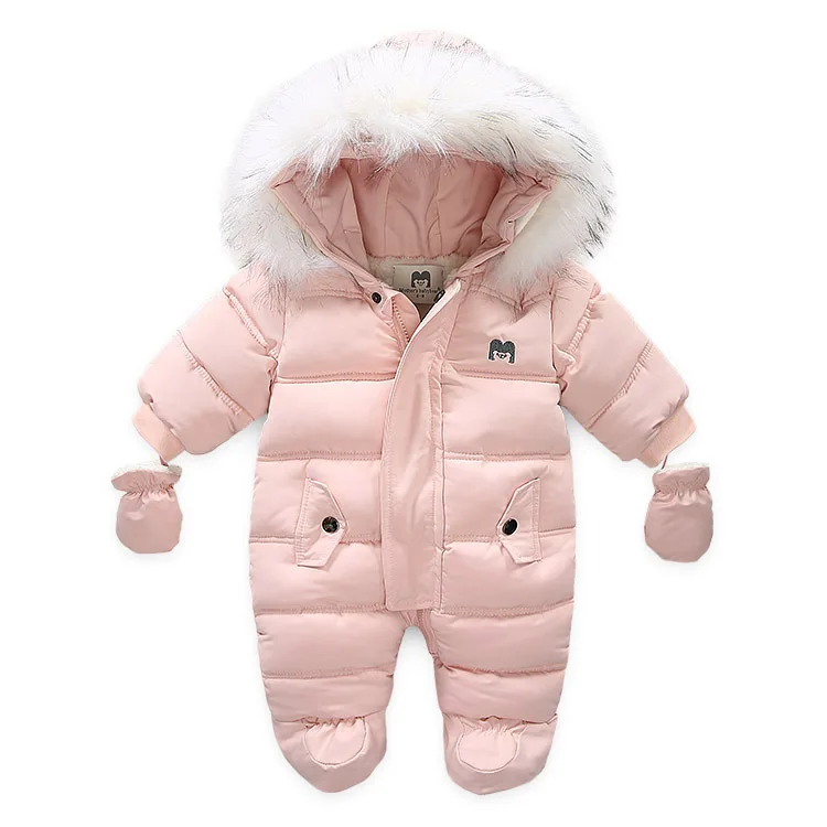 RAISE Winter Baby Jumpsuit Thicken Fur Collar Hooded Newborn Baby Girl Bodysuit Solid Gloves Infant Boy Snowsuit Toddler Rompers