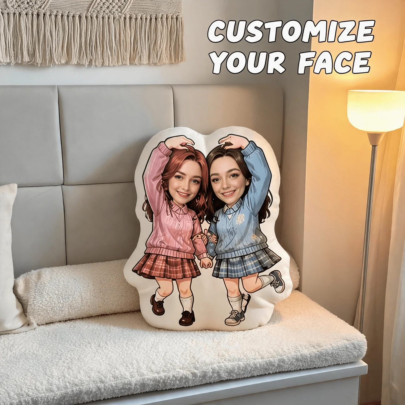 Customized Photo Throw Pillows, Personalized Friends Portrait Decoration Cushions, Cute Smile Hand in Hand Home Decoration, Suit