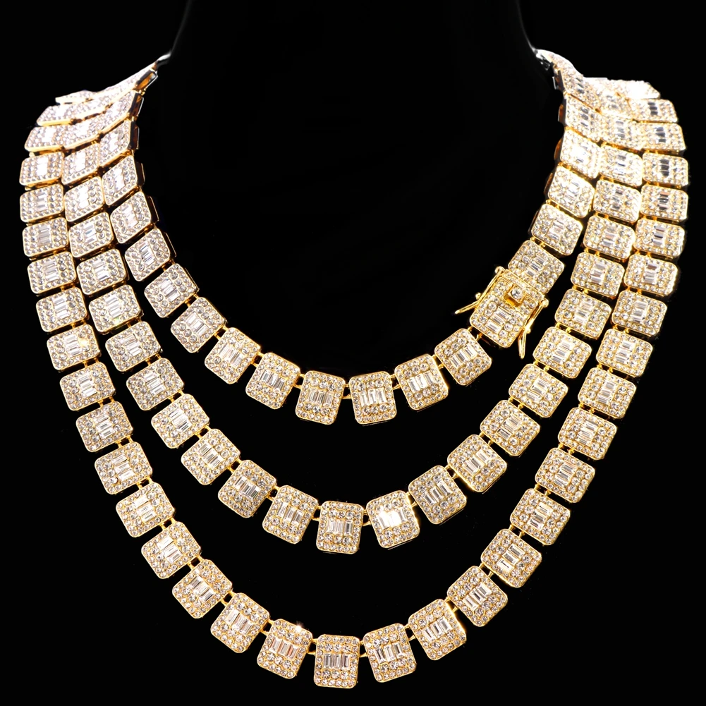 Men Women Bling Iced Out Chain Baguette Tennis Cuban Necklaces Gold Silver Color Shine Square Crystal Necklace Hip Hop Jewelry