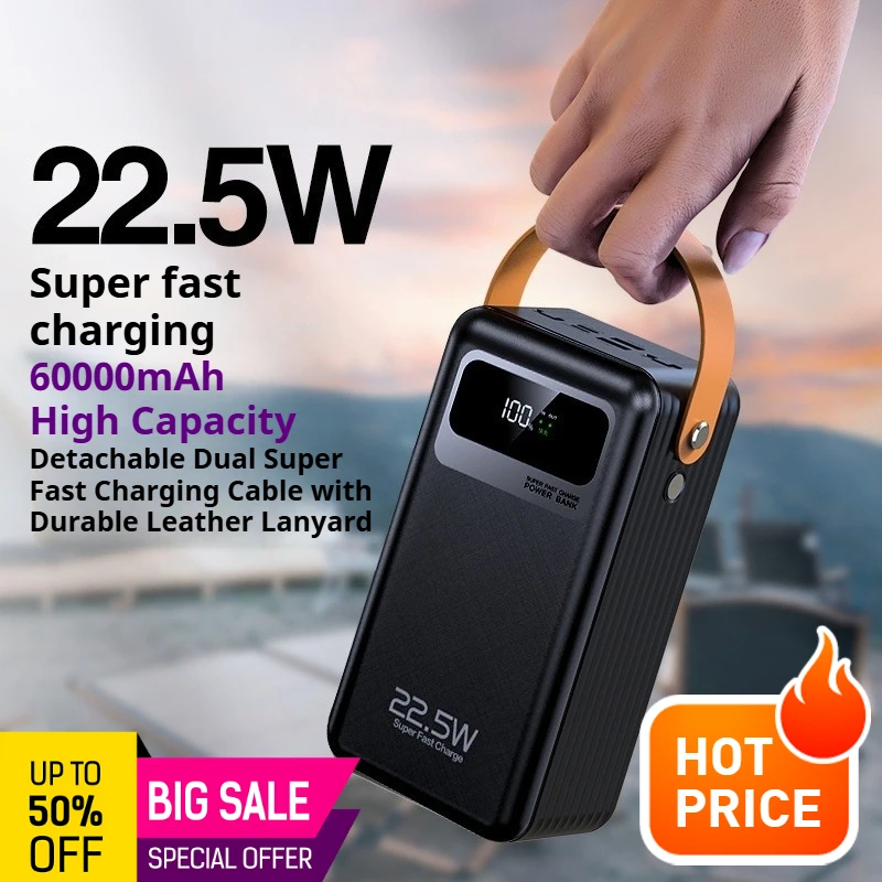 

Внешний аккумулятор 60000 мАч с быстрой зарядкой 22.5 Вт и встроенным кабелем