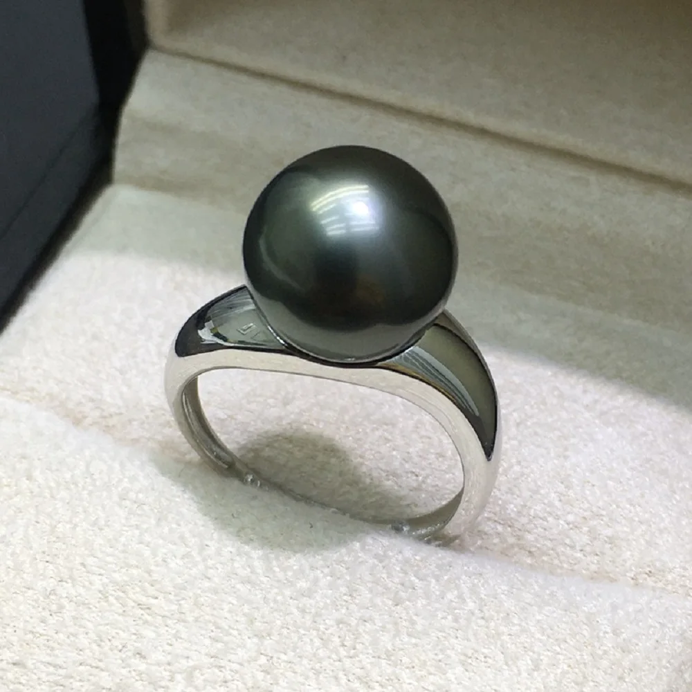 Simplified AAAAA 9-10MM 10-11mm Tahiti Black Green Sea Pearl Ring S925 Silver