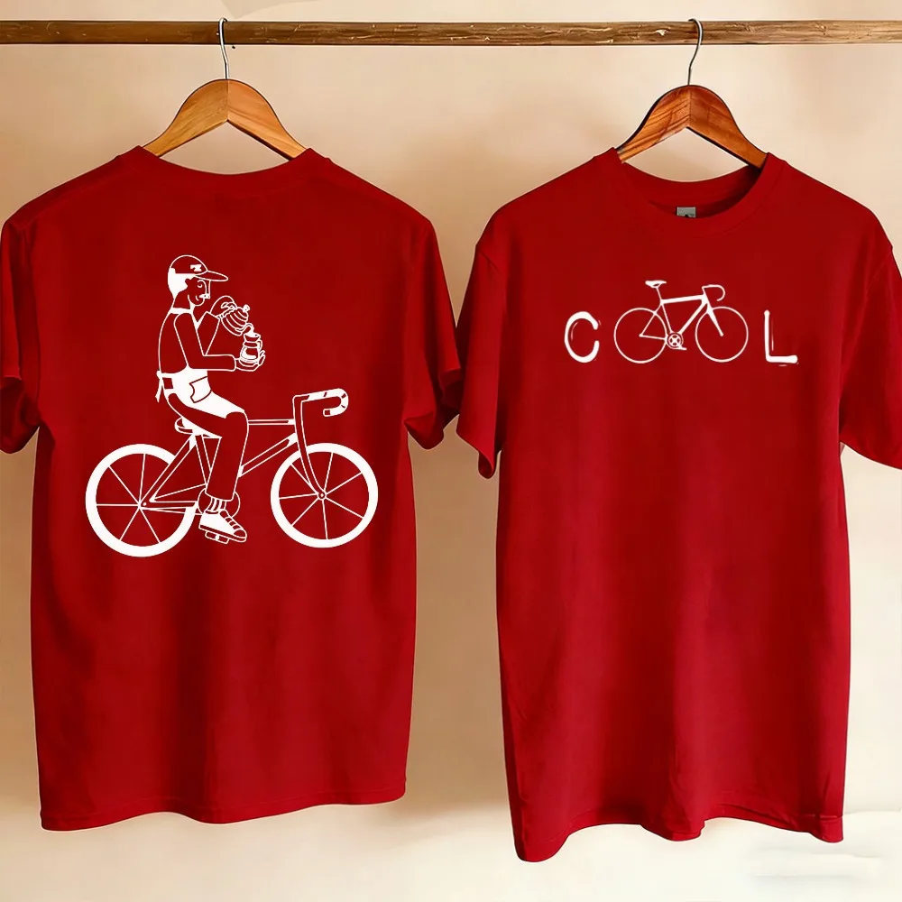 Couple Front Back Printed T Shirt Minimalist Cool Bicycle Word Front Man Riding Bike Holding Drink Line Art Casual Cycling Tees
