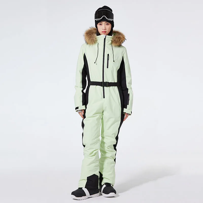 Winter Slim Women One Piece Snow Suit Fur Hooded Woman Snowboard Overall Outdoor Mountain Female Ski Jumpuist Insulated Clothes