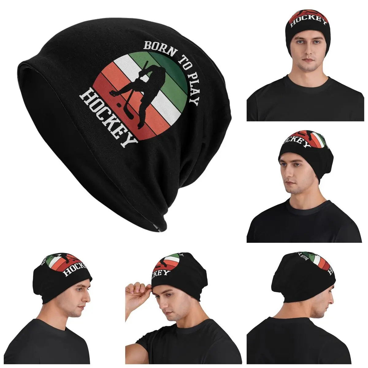 

Born To Play Hockey Warm Knitted Cap Hip Hop Bonnet Hat Autumn Winter Outdoor Beanies Hats for Men Women Adult