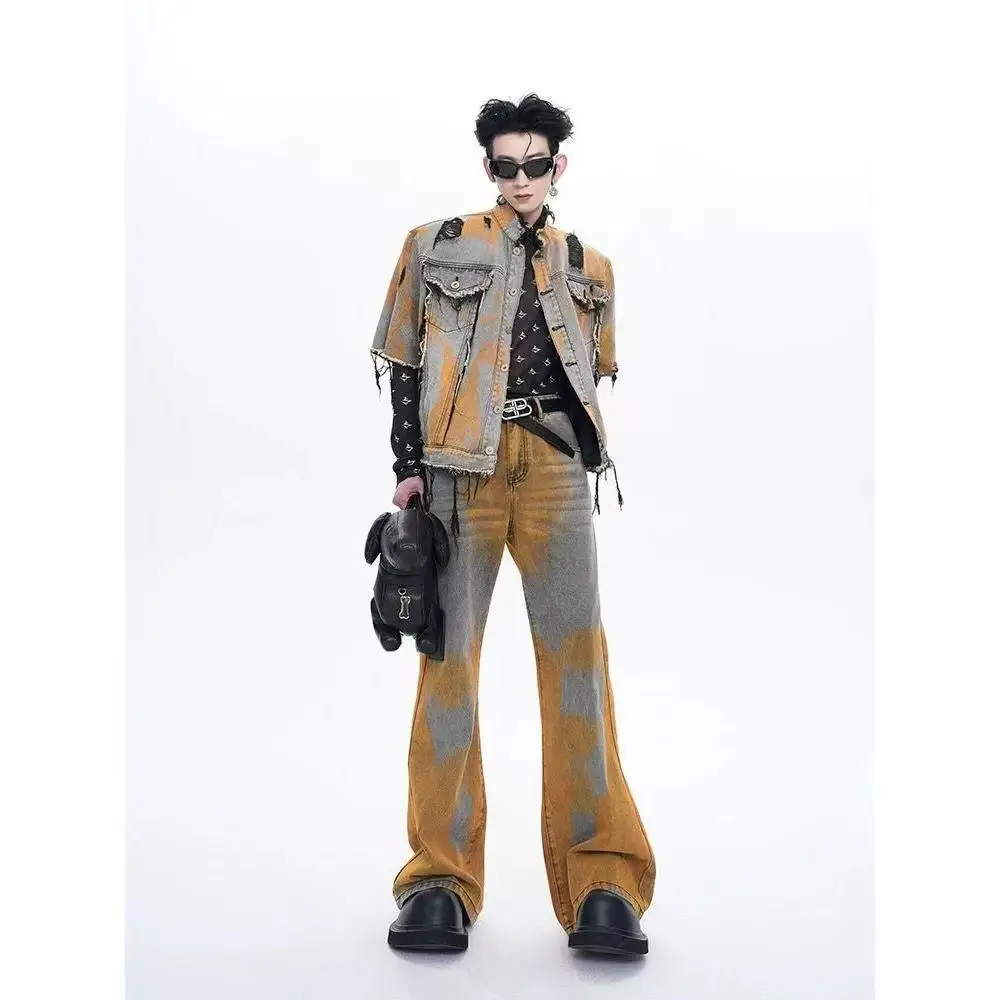 

Модный комплект из двух предметов, мужской свободный повседневный жилет, джинсы, костюм из 2 предметов в стиле ретро, американский стираный дизайн, одиночные комплекты