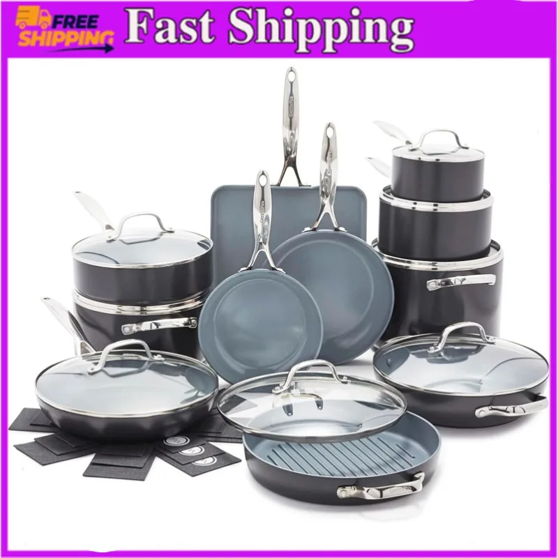 Hard Anodized Healthy Ceramic Nonstick 22 Piece Cookware Pots & Pans Set, Fry Grill, Griddle, Saute & Sauce Pans, Stockpot,Lids