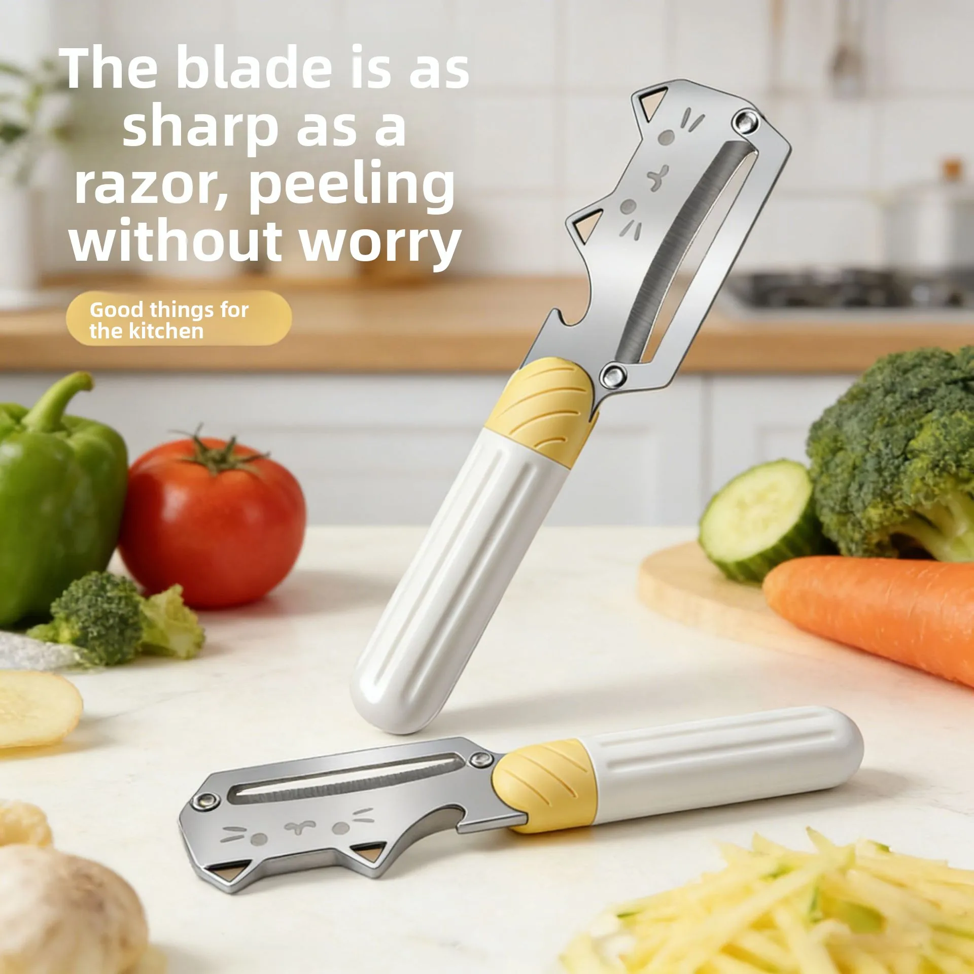 Cute Cat Peeler – Sharp 3CR13 Stainless Steel Multi-Function Kitchen Tool for Apples, Sugarcane & Vegetables