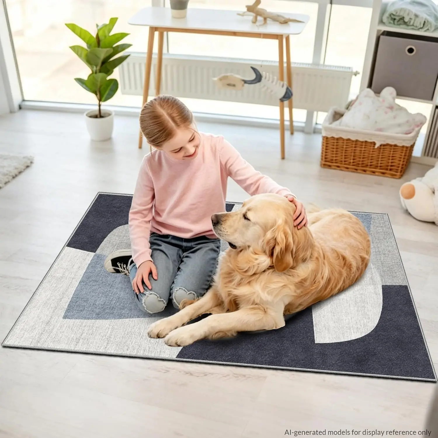 1pc 2D Flat Modern Blue Grey Abstract Geometric Printed Floor Mat, Decorative Rug for Living Room, Bedroom, Office, Home Decor