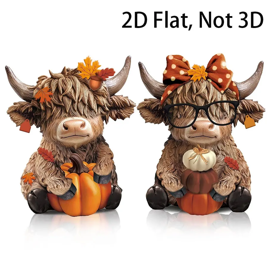 2-teiliges Set, Kürbis-Highland-Kuh-Figuren, Highland-Kuh-Tischdekorationen aus Holz mit Ahornblättern, Kürbis-Highland-Kuh-Statuen mit Schleife, geeignet für Wohnzimmer, Schlafzimmer, Kamin und Schreibtischdekoration. – Detail 1