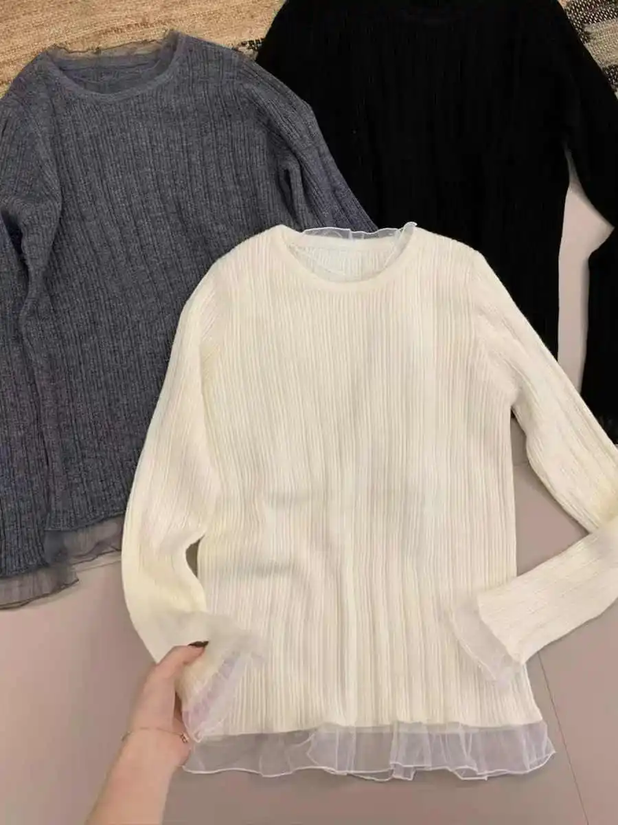 Sweaters New Long Sleeve Knitted Sweater Women Pullovers Slim O-Neck Lace Knit Sweater Pullover Women Tops Sueter Feminino Q2132