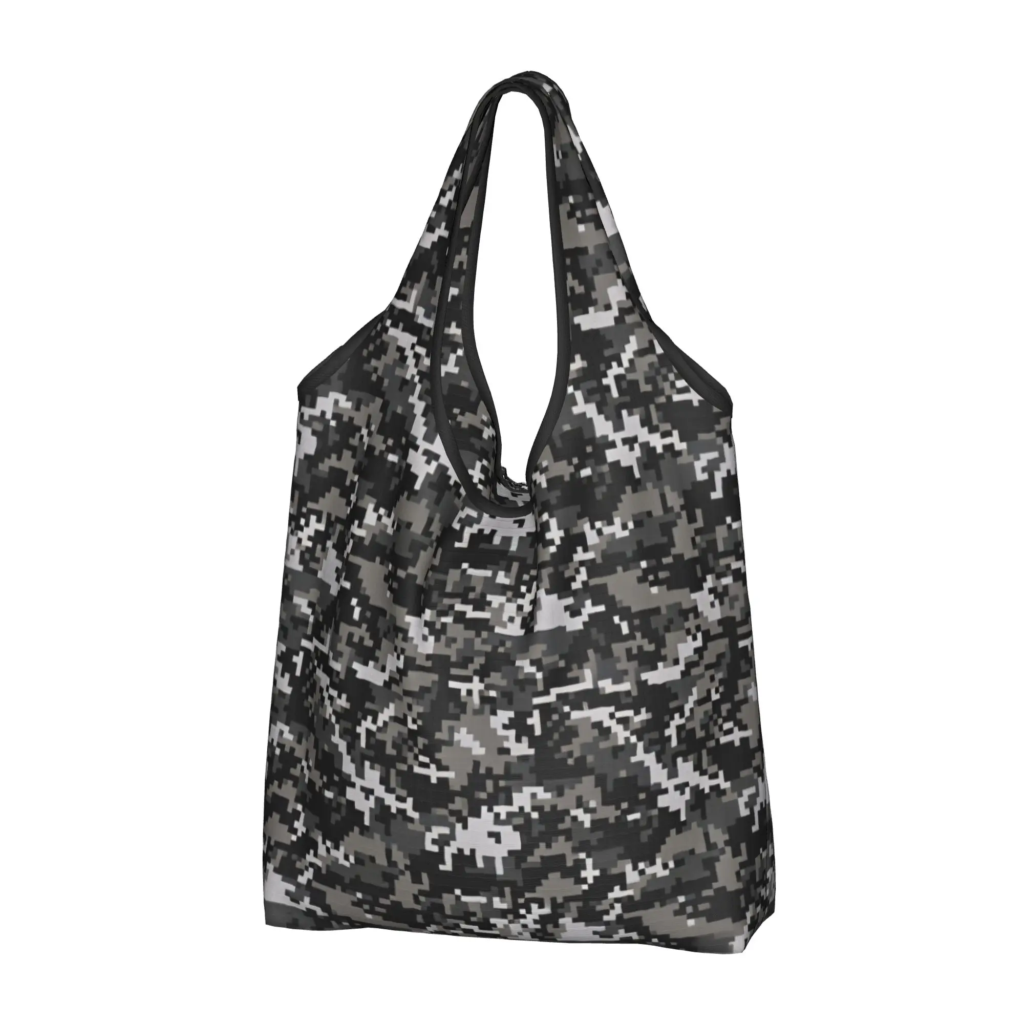 Kawaii Printed Digital Military Camouflage  Shopping Tote Bag Portable Shoulder Shopper Black and Gray Handbag