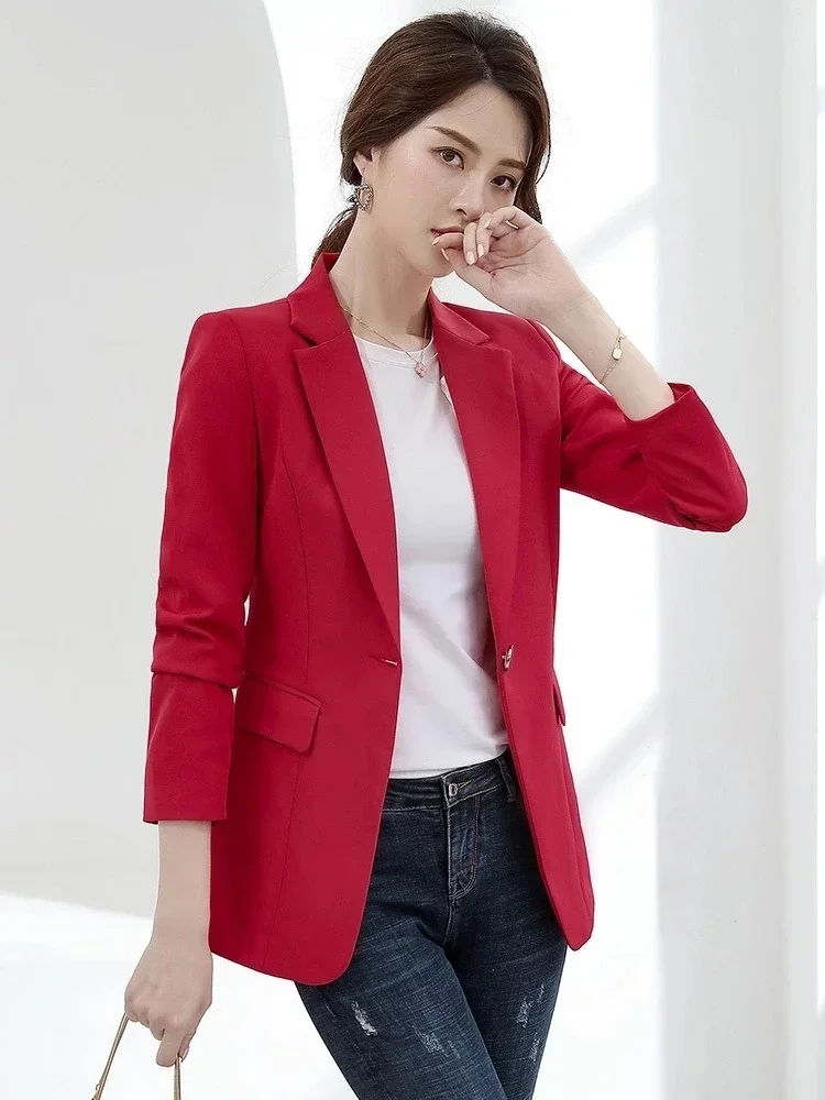 Pop Pop ผู้หญิง Blazer เกาหลี Casual Slim Blazers แจ็คเก็ตทํางานเสื้อแจ็คเก็ตแฟชั่นฤดูใบไม้ผลิฤดูใบไม้ร่วงอาชีพหญิงเสื้อสํานักงาน Lad